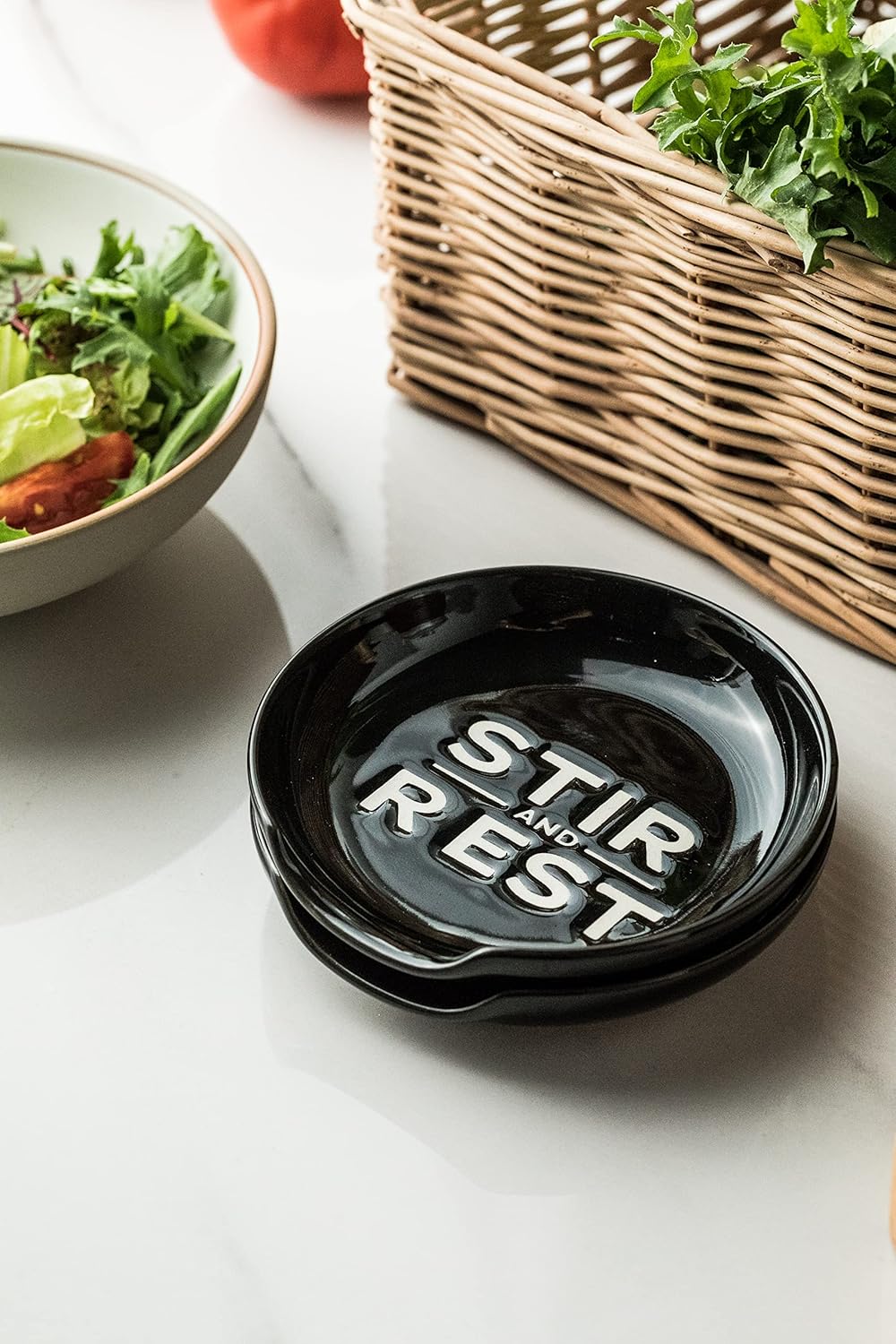 Spoon Rest for Stove Top, Kitchen Decor for Farmhouse, Cooking Ladle/Spatula/Spoon Holder, Utensil Rest for Countertop Deep Tray Prevent for Spill Black and White 5 inch Housewarming Gift