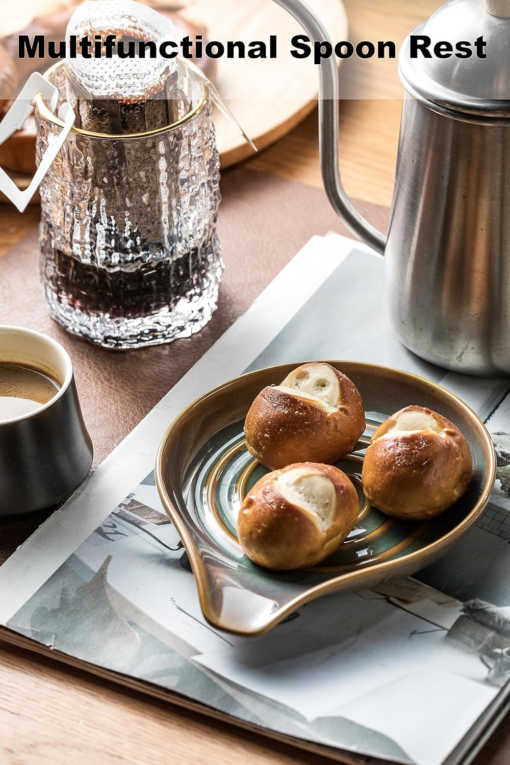 LAUCHUH Spoon Rest for Kitchen Counter,5" Spoon Holder for Kitchen Counter Stove Top Ceramic Spatula Holder for Ladle, Spatula, Spoons or Tongs, Thanksgiving Gifts, Unique Green