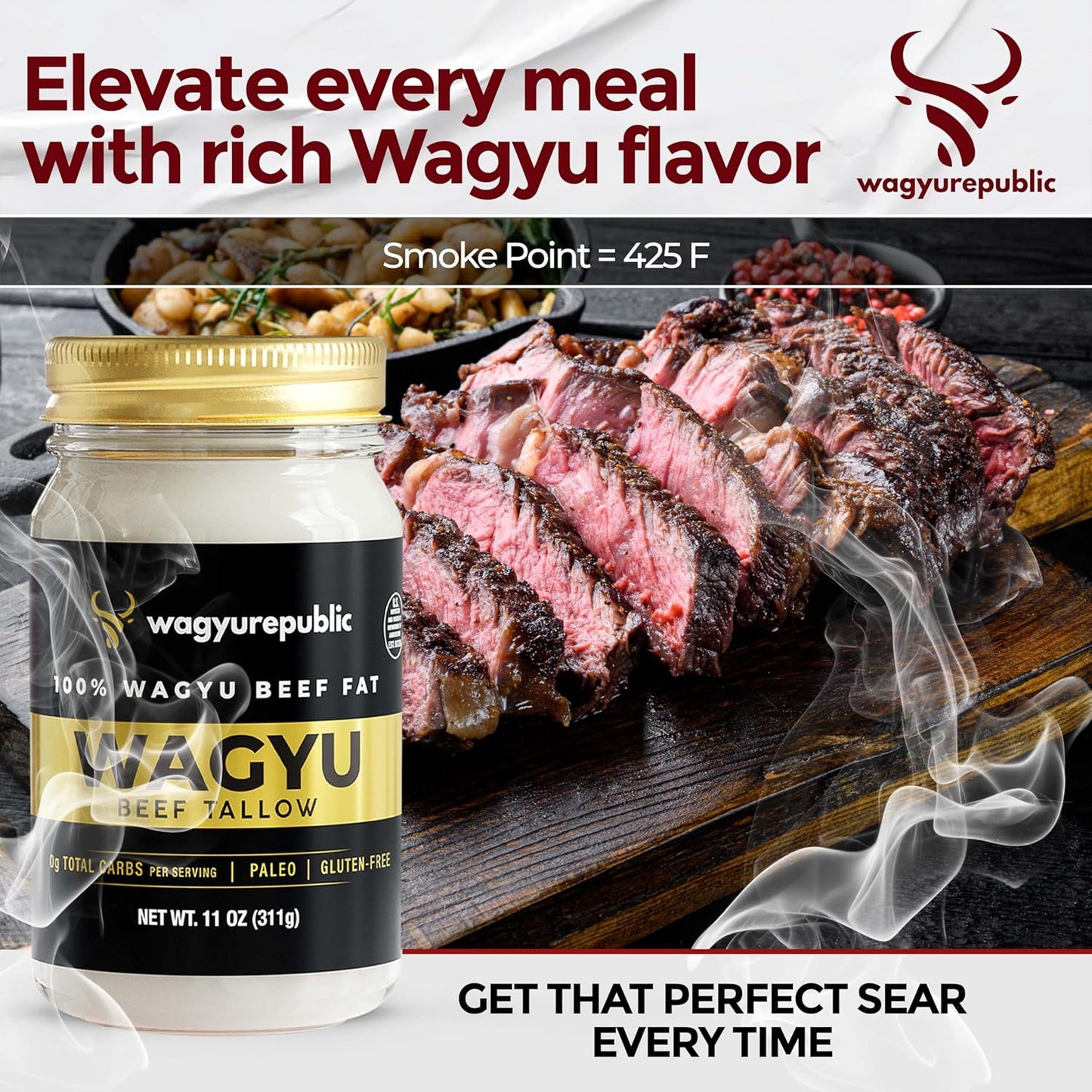 Wagyu Republic Beef Tallow ⎸ Grass Fed Wagyu Beef Tallow, Great for Cooking Steak or as Tallow Balm ⎸ Keto, Gluten Free Protein Snacks for Adults, Perfect for Whole 30 or Carnivore Diet ⎸32oz Jar