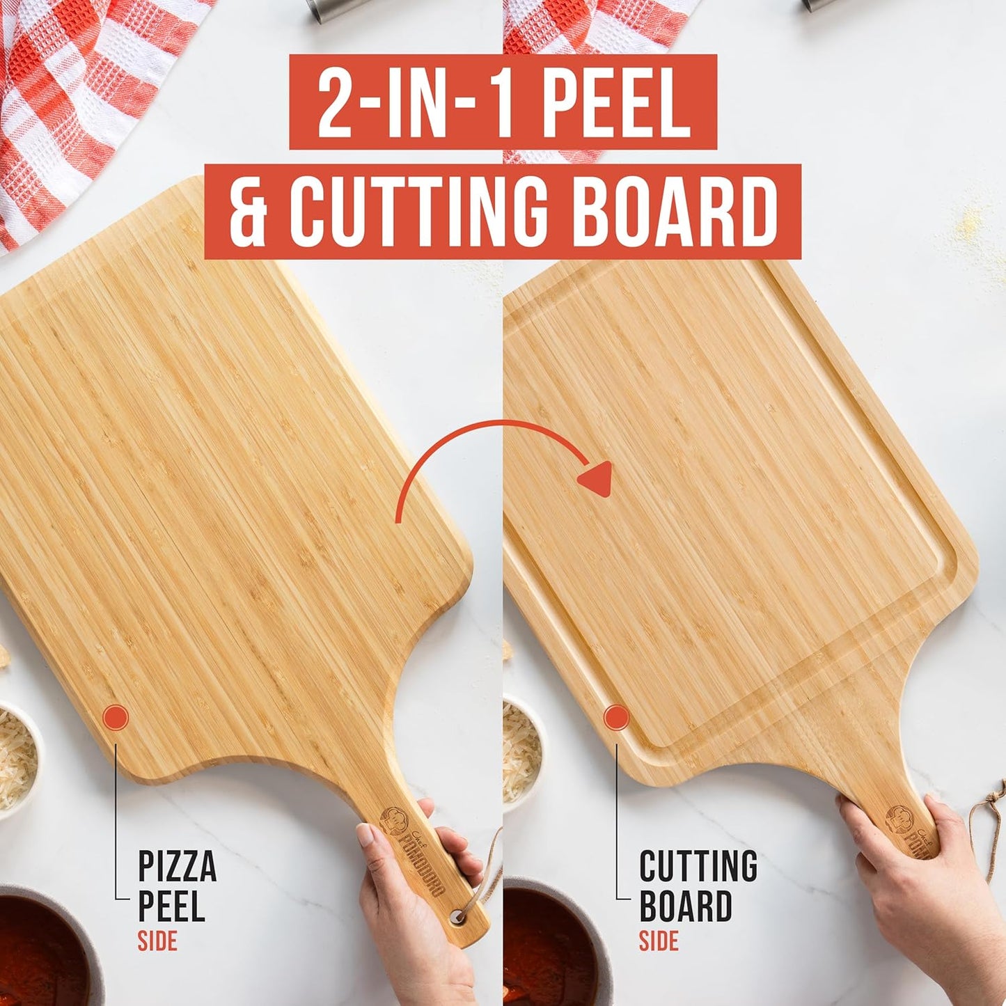 Chef Pomodoro 2-in-1 Bamboo Pizza Peel - Cutting & Serving Board | 12" Perfect Dough Transition & Space-Saving Design for Pizza Prep & Serving | Nestles with Dough Boxes