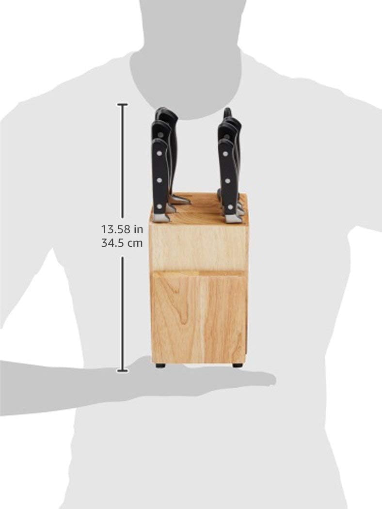 Amazon Basics 9 Pieces Premium High-Carbon Stainless-Steel Blades with Pine Wood Knife Block Set, Kitchen, Black