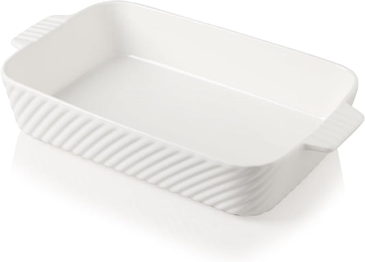 Sweejar Ceramic 13 x 9 Baking Pan, Cake Baking Dish for Brownie, Porcelain Striped Casserole Dishes for Oven with Handle for Lasagna, Family Dinner(White)