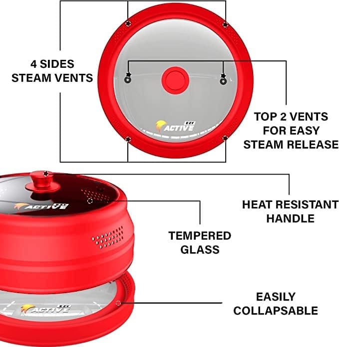 Collapsible Microwave Cover for Food - Silicone and Glass Splatter Guard Lid for 6-12 inch Plates & Bowls, Dishwasher Safe, Heat Resistant, BPA-Free, (Red).