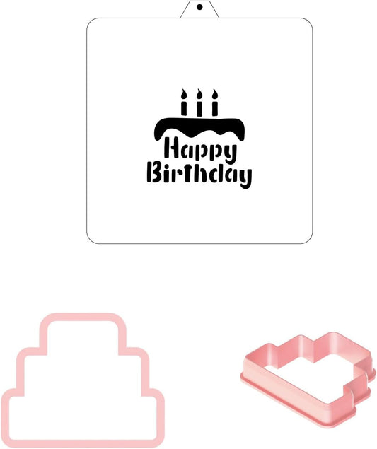 Birthday Cake Cookie cutter and stencil set Baking stencils and cutters bundle DIY bakery decorating kit Cookie cutter with stencils Icing stencil and cookie cutter combo(Birthday Cake)