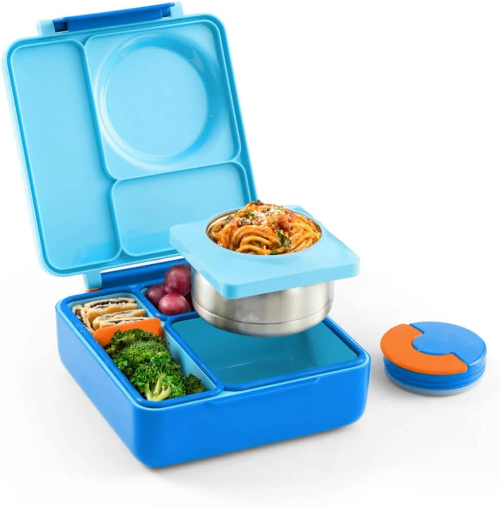 OmieBox Bento Box for Kids - Insulated Bento Lunch Box with Leak Proof Vacuum Insulated Food Jar - 3 Compartments, Two Temperature Zones (Blue Sky)
