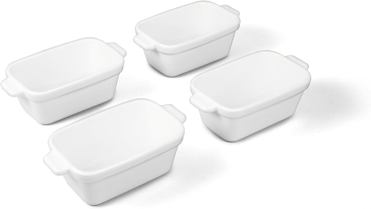 Souper Cubes Stoneware - Small Ceramic 5" x 3" Baking Dish with Silicone Covers, Small Baking Dishes for Oven Perfect for Reheating Single Serve Portions, Set of 4 - White