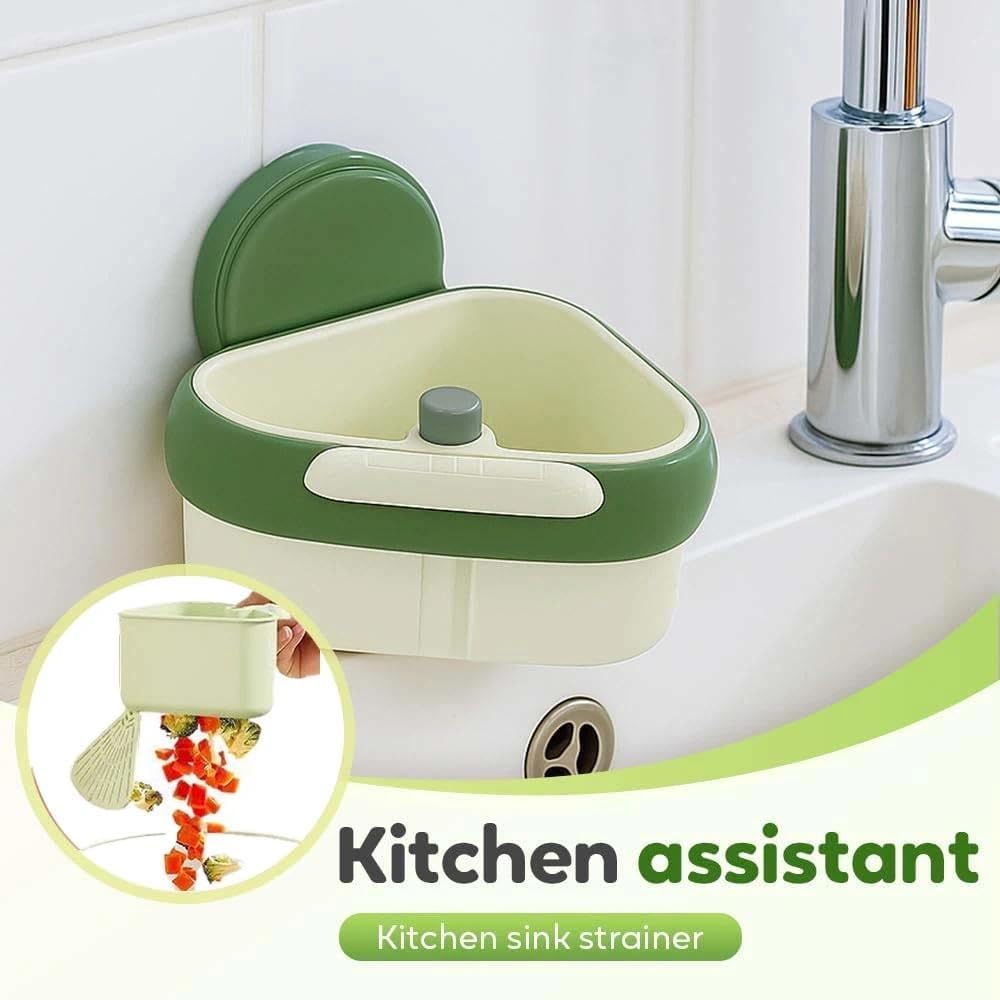 Corner Sink Strainer, 2025 New Upgraded Suction Cup Press Sink Drainer Basket, Automatic Dumping Suction Cup Corner Sinks, Triangle Plastic Sinks Food Catcher Kitchen Faucet Sponge Storage Rack