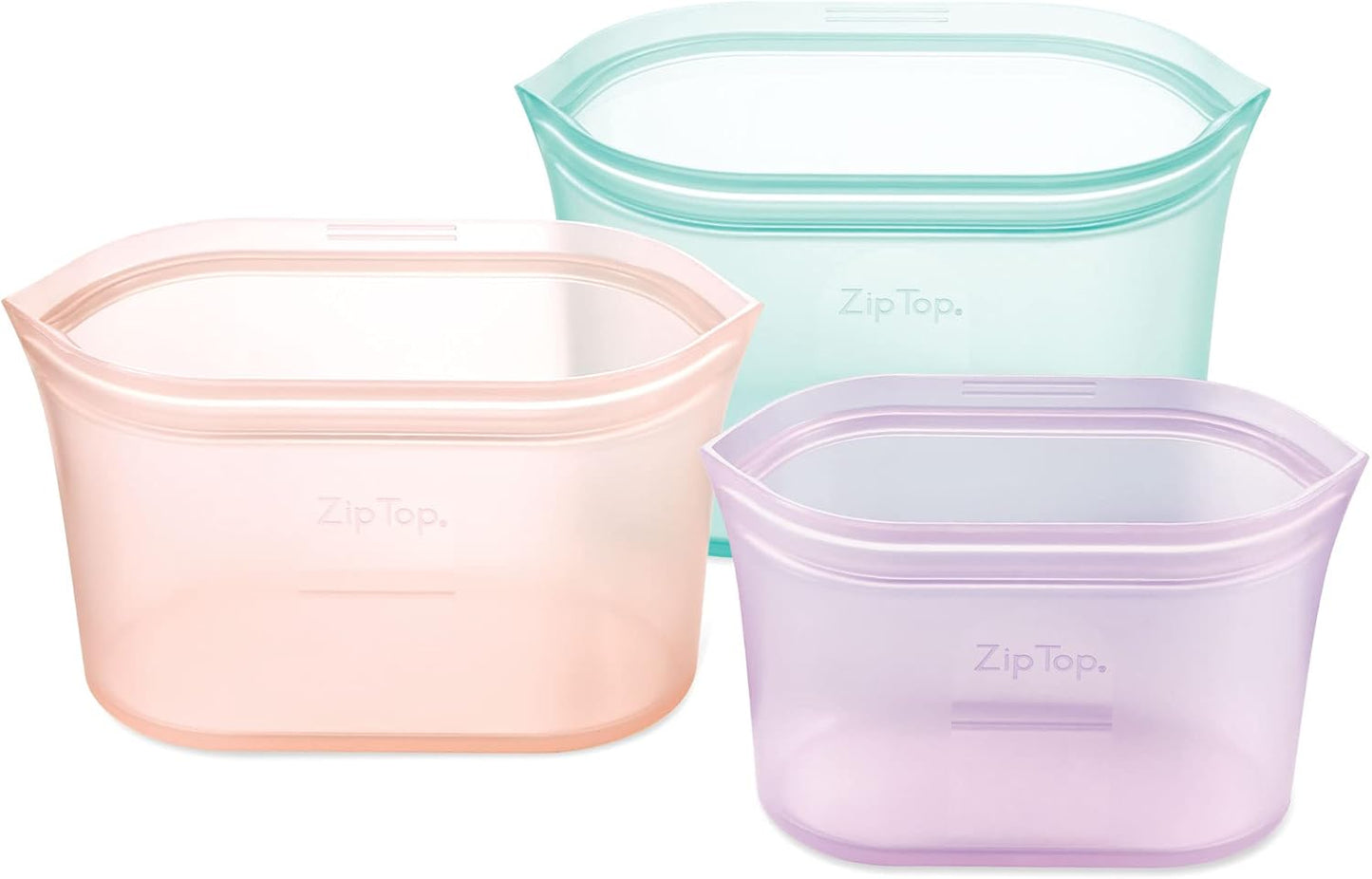 Zip Top Reusable Food Storage Bags | 3 Dish Set [Teal/Peach/Lavender] - Small, Medium, Large | Silicone Meal Prep Container | Microwave, Dishwasher and Freezer Safe | Made in the USA