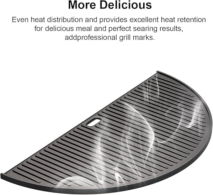 18" Half Moon Cast Iron Cooking Grates for Kamado Joe KJ-23RHC Classic II KJ23NRHCI Classic III KJ23RH Classic I Reversible Griddle for Stand-Alone Classic Large Big Green Egg Kamado Grill Replacement