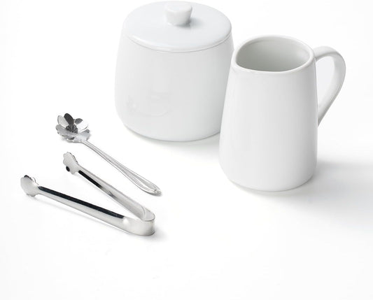 Sugar and Creamer Set, 4 Piece with Creamer Pitcher, Sugar Bowl with Lid and Spoon, Sugar Cube Tongs, for Coffee Accessories, Ceramic Coffee Serving Set