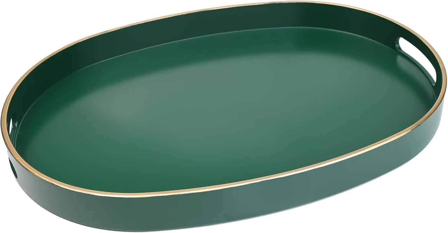 Spsyrine Dark Green Plastic Serving Tray for Ottoman, Coffee Table, Oval Decorative Tray for Entertaining, Outdoor, Living Room, Home Decor