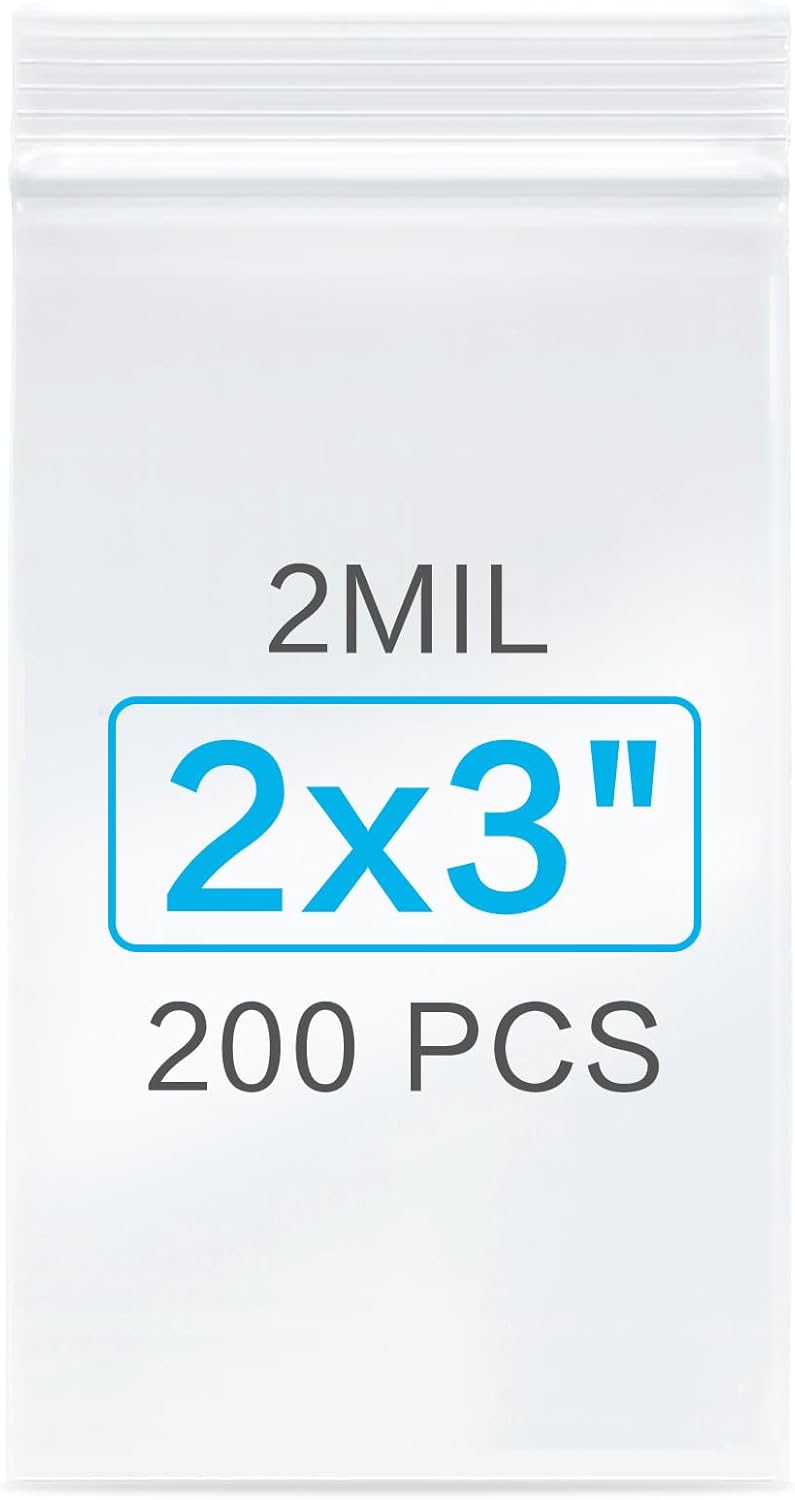 Plastic Jewelry Bags, 200pcs 2 x 3 Clear Zip Bag, 2 mil Thick Small Baggies with Resealable Zipper, Storage Baggies for Daily Vitamin, Jewelry, Candy