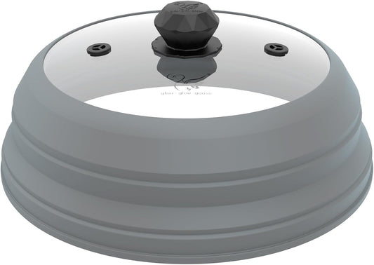 Microwave Splatter Cover Vented Glass Cover Splatter Guard Lid with Collapsible Silicone for Food as Pot Cover Plate Cover 10.8 inch for 6 7 8 9 10 inch Plate Bowl Light Grey