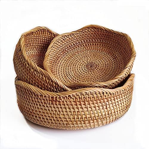 YANGQIHOME Rattan Bread Basket, Round Fruit Baskets, Wicker Storage Bowls, Natural Woven Serving Basket Bowls, Decorative Baskets for Kitchen Counter Organizing, Set of 3