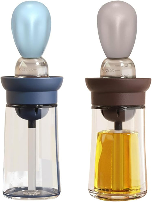 Oil Dispenser with Brush - 2 Pack Glass 2 IN 1 Olive Oil Dispensing Bottle with Basting Brush for Cooking Frying Baking Kitchen, 180ml, T-OB21 Blue+Grey