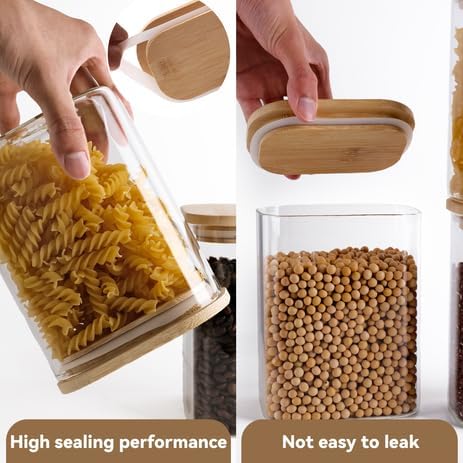 Glass Storage Jars with Airtight Bamboo Lids - Stackable Kitchen Canisters for Candy, Cookies, Rice, Sugar, Flour, Pasta
