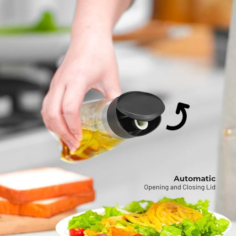 Premium Glass Olive Oil and Vinegar Dispenser Bottles Set, 2-Piece Kitchen Cooking Cruet with Auto-Open Lid, Non-Drip Pouring Spout, Oil Infuser Filter, Dishwasher Safe (White 11oz)