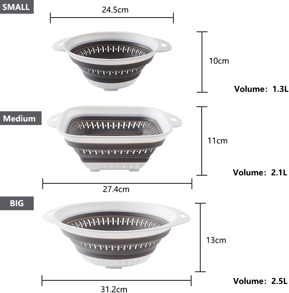 LogFaadCoi 3 Pcs Collapsible Colander and Strainer,Silicone Strainer Colanders & Food Strainers,for Vegetable and Fruit, Kitchen Essentials, white
