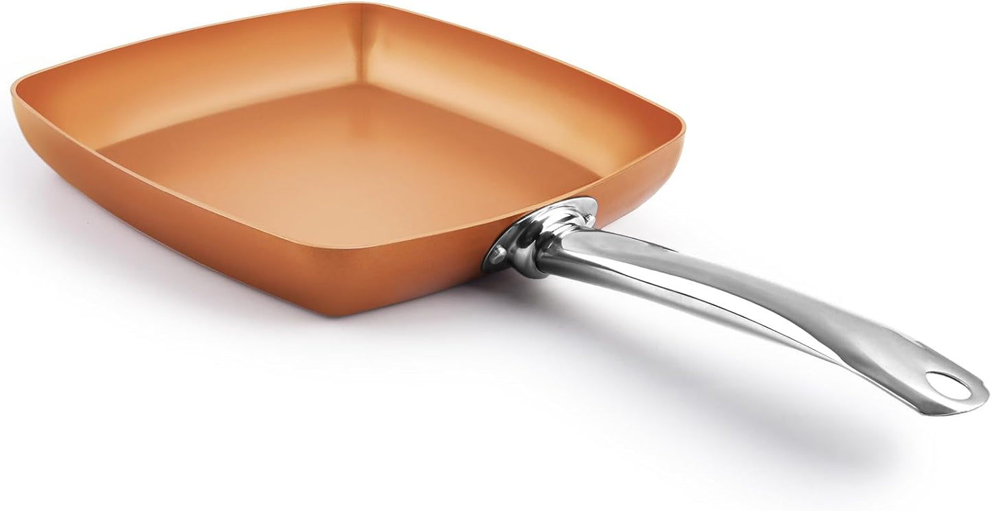 Non-Stick Copper Square Frying Pan, 9.5" Chef Skillet with Ceramic Coating, Oven Dishwasher Safe, PFOA-Free, Home Use for All Stoves