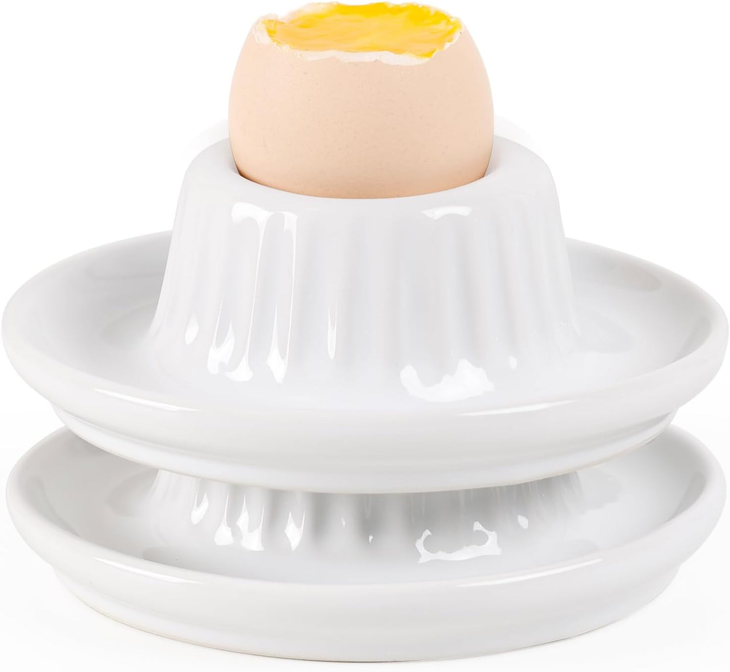 INGOFIN 2 Pcs Ceramic Egg Cups, Soft Boiled Egg Holders Set, Classic Porcelain Stackable, Easy to Clean Tray, Decorative Serving Dish for Breakfast, Easter or Kitchen, White