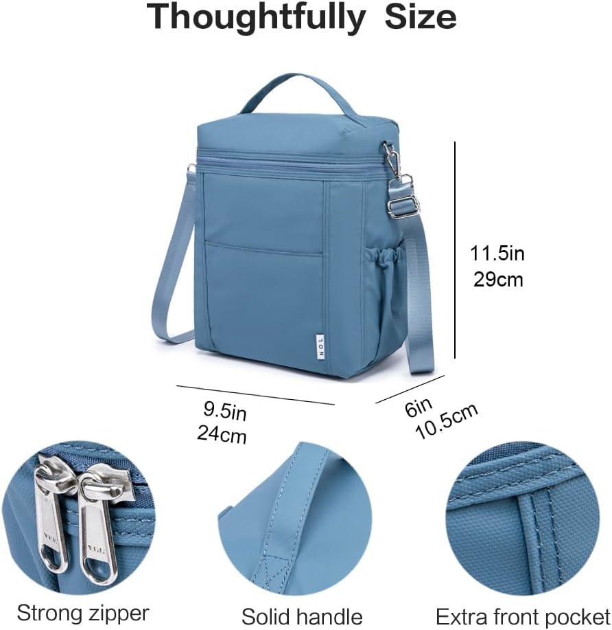 NOL Natural Organic Lifestyle Insulated Lunch Bags for Women Cooler Bag Lightweight Nylon Waterproof Lunch Box For Work (Dusty blue, Large)