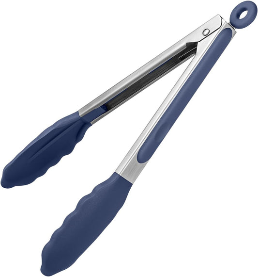Heat Resistant Silicone Kitchen Tong: U-Taste 9 inch 480ºF Hot Proof Cooking Tong with Firm Sealed Non Stick Rubber Tips & Silicon Coated Steel Handle & Smooth Locking for Serving Grill(Midnight Blue)