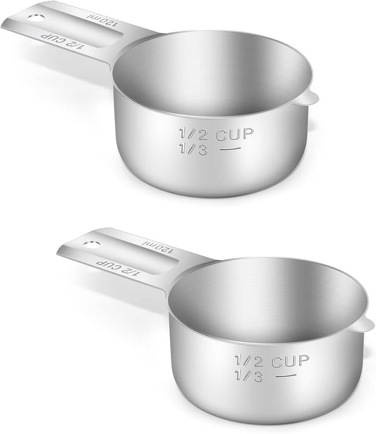 2PCS 1/2Cup (120ml, 4oz) Single Measuring Cup, Stainless Steel Measure Scoop, Metric and US Measurement, Dishwasher Safe