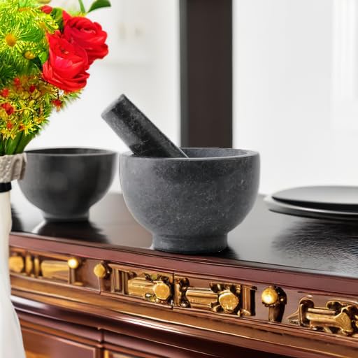 Koville African Natural Granite Mortar and Pestle Set, Grinder Bowl for Guacamole, Salsa, Pill Crusher, Spice, Herb, Garlic, Nut, Heavy Duty Grinder for Kitchen (Glossy Finish)