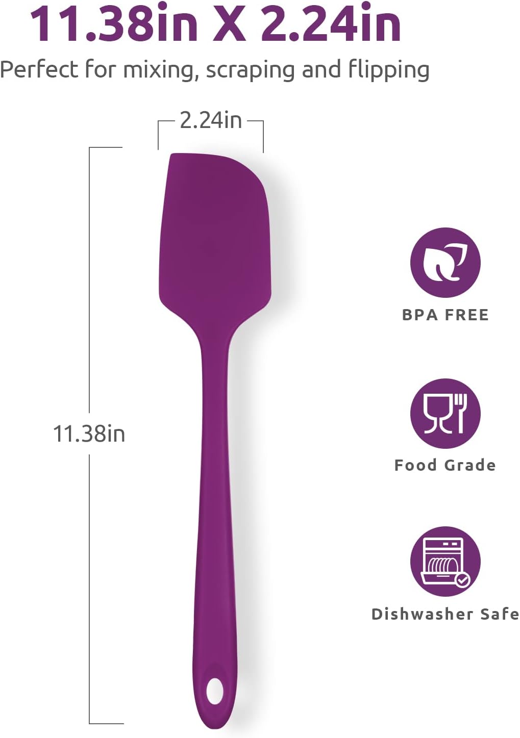 Heat Resistant Silicone Large Spatula: U-Taste 600ºF High Heat Flexible 11.38in Silicon Mixing Stirring Cooking Scraping Baking Bowl Scraper Seamless Spreader for Kitchen Nonstick Cookware (Purple)
