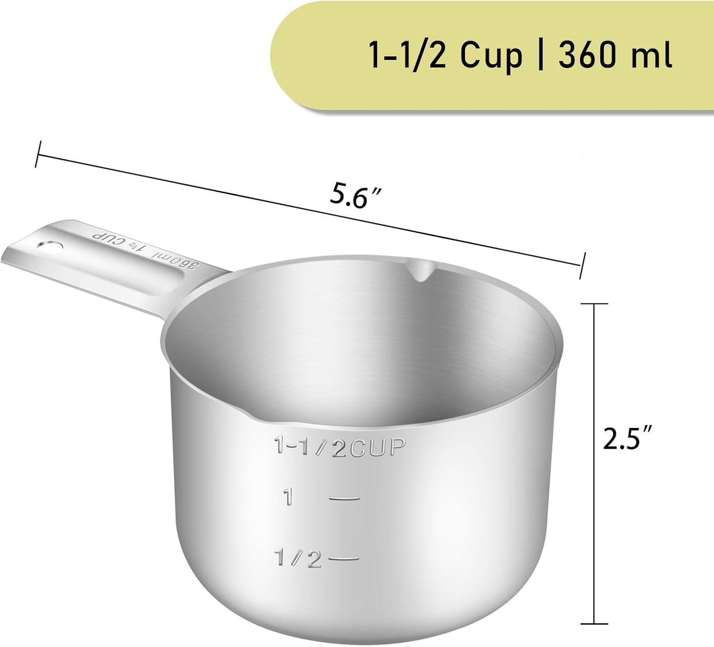 2PCS 1-1/2Cup (360ml, 12oz) Single Measuring Cup, Stainless Steel Measure Scoop, Metric and US Measurement, Dishwasher Safe