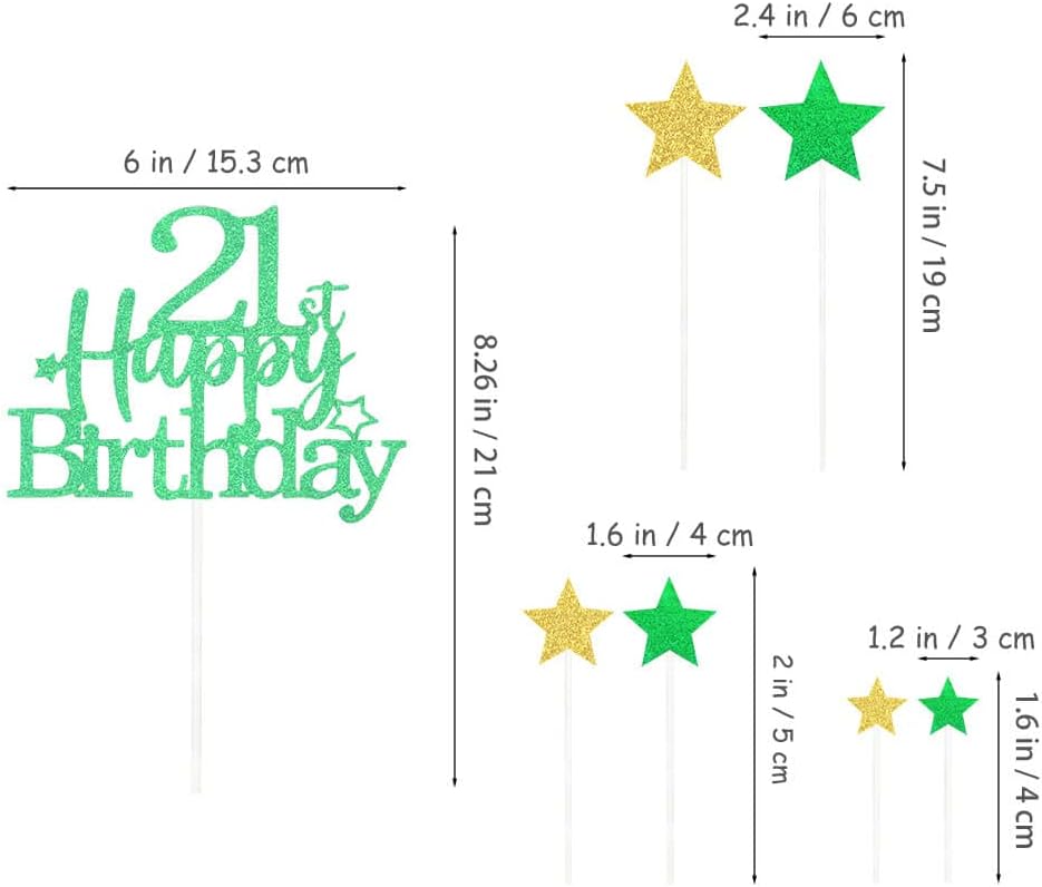Glittery 21st Happy Birthday Cake Topper with Star,Personalised 21 Birthday Cake Toppers Party Decorations Party Supplies for Boys Girls Green Gold