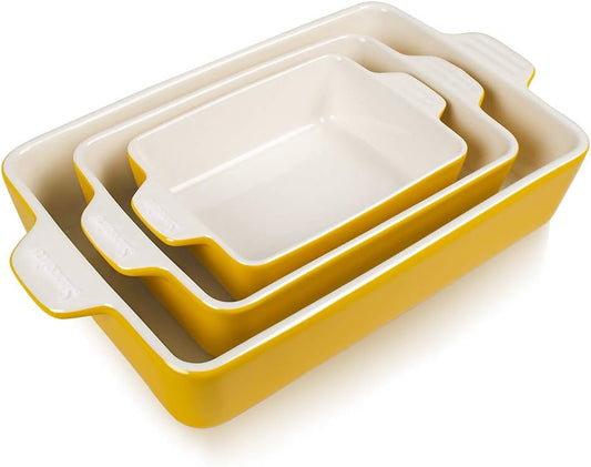 Sweejar Ceramic Bakeware Set, Rectangular Baking Dish for Oven Lasagna Pans for Cooking, Kitchen, Cake Dinner, Banquet and Daily Use, 11.8 x 7.8 x 2.76 Inches of Casserole Dishes (Yellow)