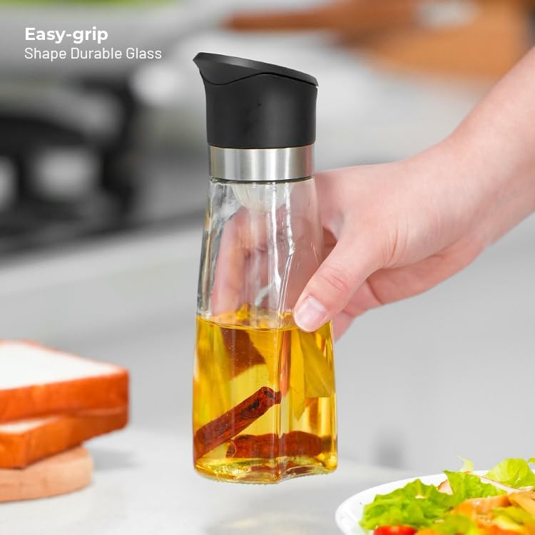Premium Glass Olive Oil and Vinegar Dispenser Bottles Set, 2-Piece Kitchen Cooking Cruet with Auto-Open Lid, Non-Drip Pouring Spout, Oil Infuser Filter, Dishwasher Safe (Black 16oz)