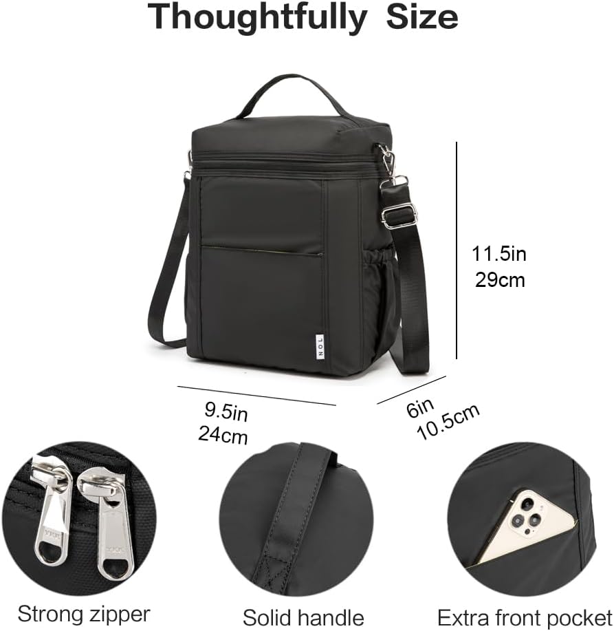 NOL Natural Organic Lifestyle Insulated Lunch Bags for Women Cooler Bag Lightweight Nylon Waterproof Lunch Box For Work (Black, Large)