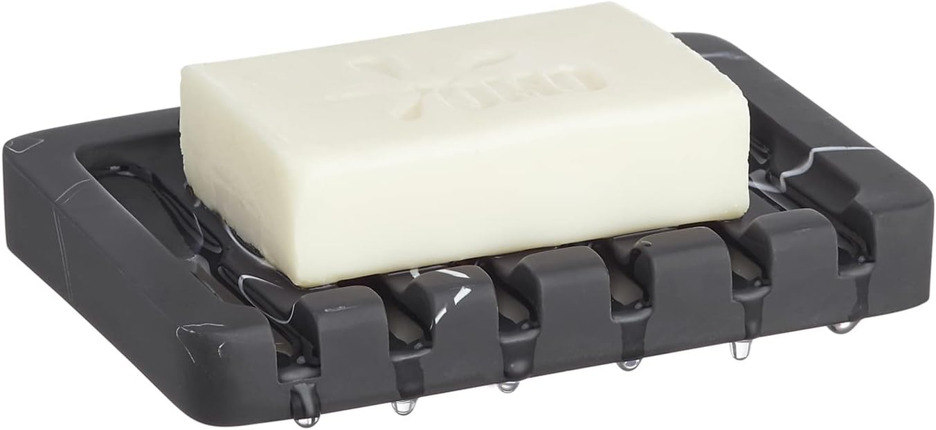 2PCS Self Draining Soap Dish - Marble Look Soap Holder Tray Savers Box Container Sponge Holder for Bathroom Shower Kitchen, Black