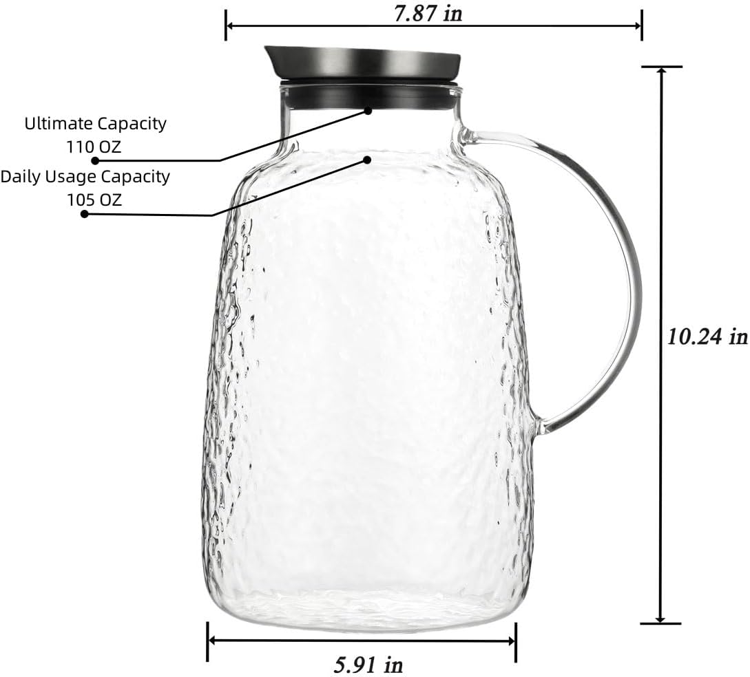Purefold Glass Pitcher, 110 oz Water Large Pitcher with Lid, Heat Resistant Borosilicate Jug for Iced Tea, Juice, Milk, Cold or Hot Beveragesr Easy Clean