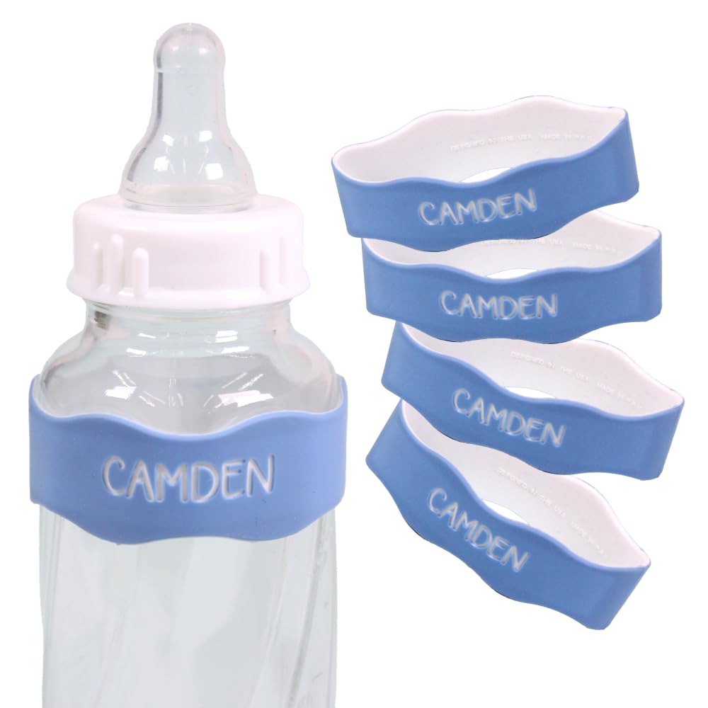 InchBug Orbit Labels - Baby Bottle Name Labels for Daycare, Sippy Cup Bands - Engraved Silicone, Reusable, Dishwasher Safe, White Contrasting Personalization, 4-Pack (Lullaby Blue)