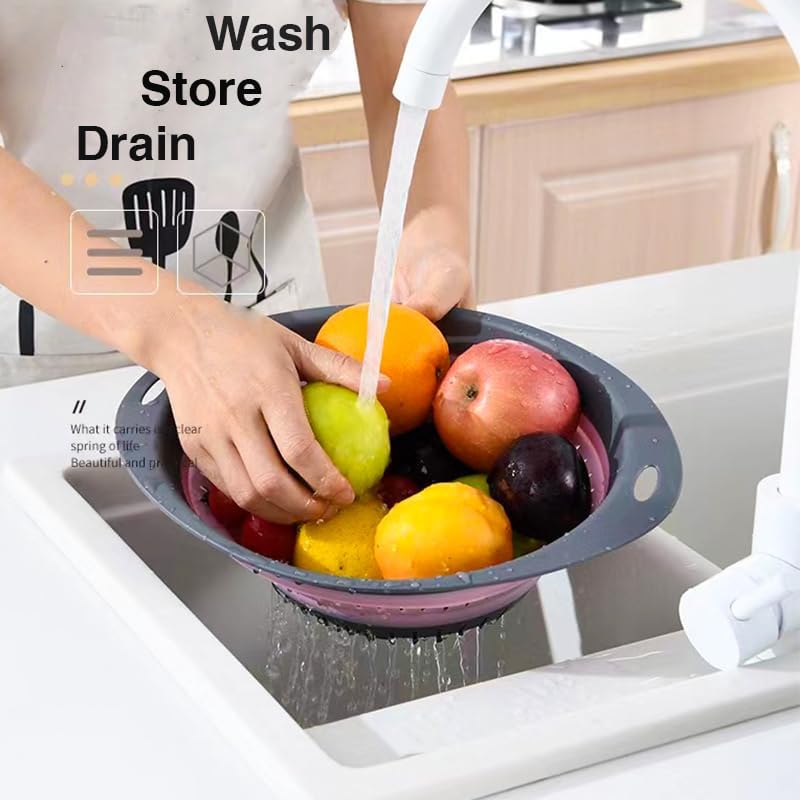 Collapsible Colander Set, Square Round Triangles Silicone Kitchen Strainer Perfect for Draining Pasta Vegetable fruit 2 PCS (Green & Red, 12"L x 9.5"W x 2.3"H)