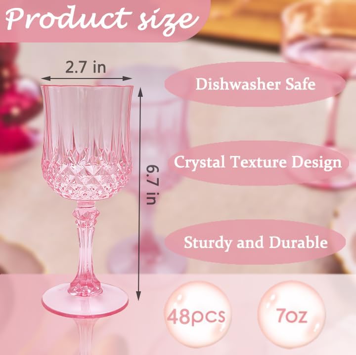 Plastic Wine Glasses，Plastic Goblets Vintage Style Cordial Drinking Glasses for Wedding Reception, Grand Event Party Supplies (48, Pink)