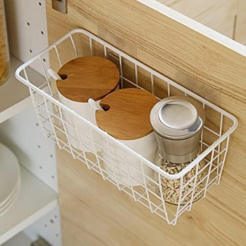 2 Set LeleCAT Hanging Wall Basket Organizer Over the Cabinet Door Adhesive Wire Baskets for Organizing Kitchen Food Pantry Bathroom Shelf Storage No Drilling Wall Mounted,White