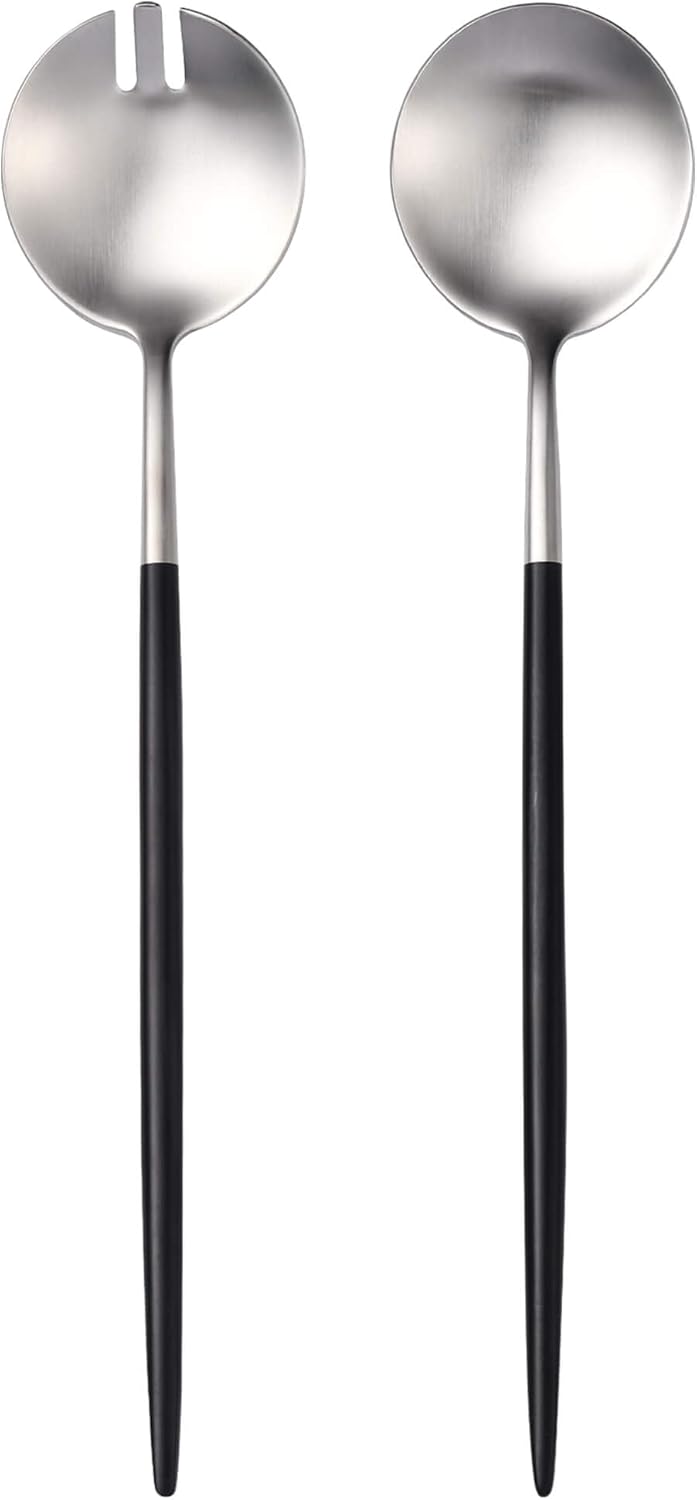 Silver Black Salad Serving Utensils,Serving Spoons Stainless Steel,2Pcs Long Handle Salad Servers 11.42 Inch,Salad Utensils for Serving,Matte Finish,Dishwasher Safe