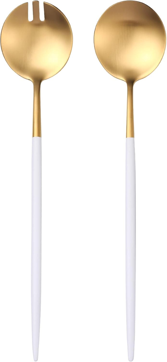 White Gold Salad Serving Utensils,Serving Spoons Stainless Steel,2Pcs Long Handle Salad Servers 11.42 Inch,Salad Utensils for Serving,Matte Finish,Dishwasher Safe