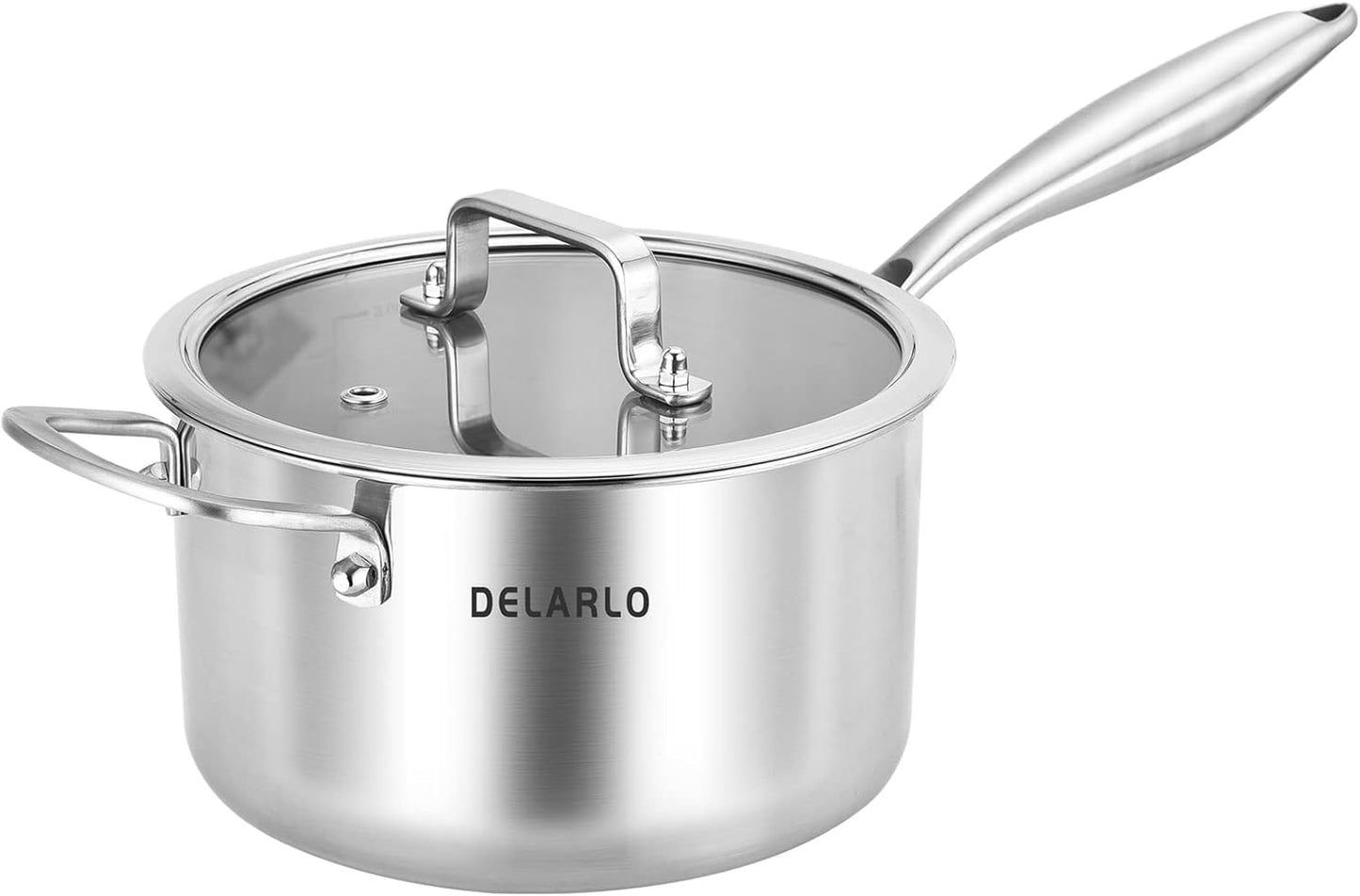 DELARLO Tri-Ply Stainless Steel Saucepan, 3.5 QT Saucepan with Lid, All Stove Compatible 600℉, Induction Sauce Pot, Heavy Duty Saucier Pot, Dishwasher Safe Saucepan, Induction Pot 3.5 Quart, Even Heat