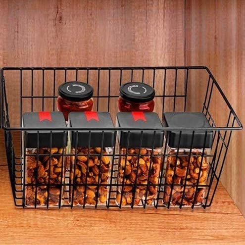 Slideep Farmhouse Metal Wire Basket, Fridge Freezer Storage Organizer Bins with Handles for Kitchen Cabinets, Pantry, Closets, Bedrooms, Bathrooms, Black 3 Pack