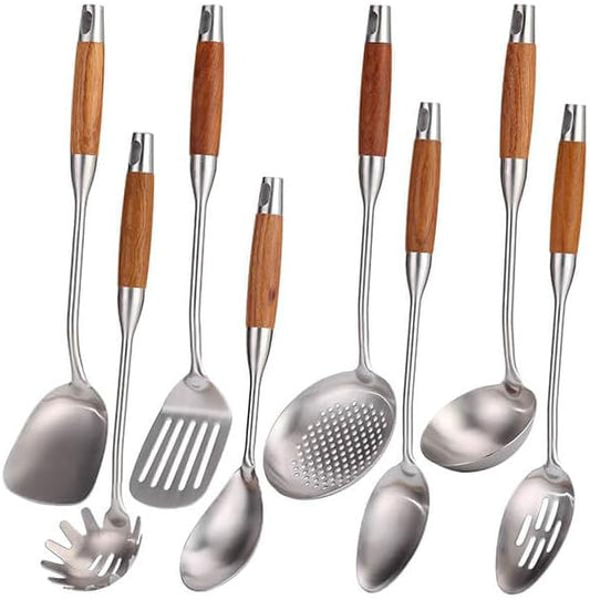 18/10 Stainless Steel Kitchen Utensils Set with Wood Handle - 15”Metal Cooking Tools & Serving Utensil, 8-Pieces Cooking Spoons Set - Spatula, Ladle, Skimmer, Turner, Pasta, Solid Spoon, Slotted Spoon