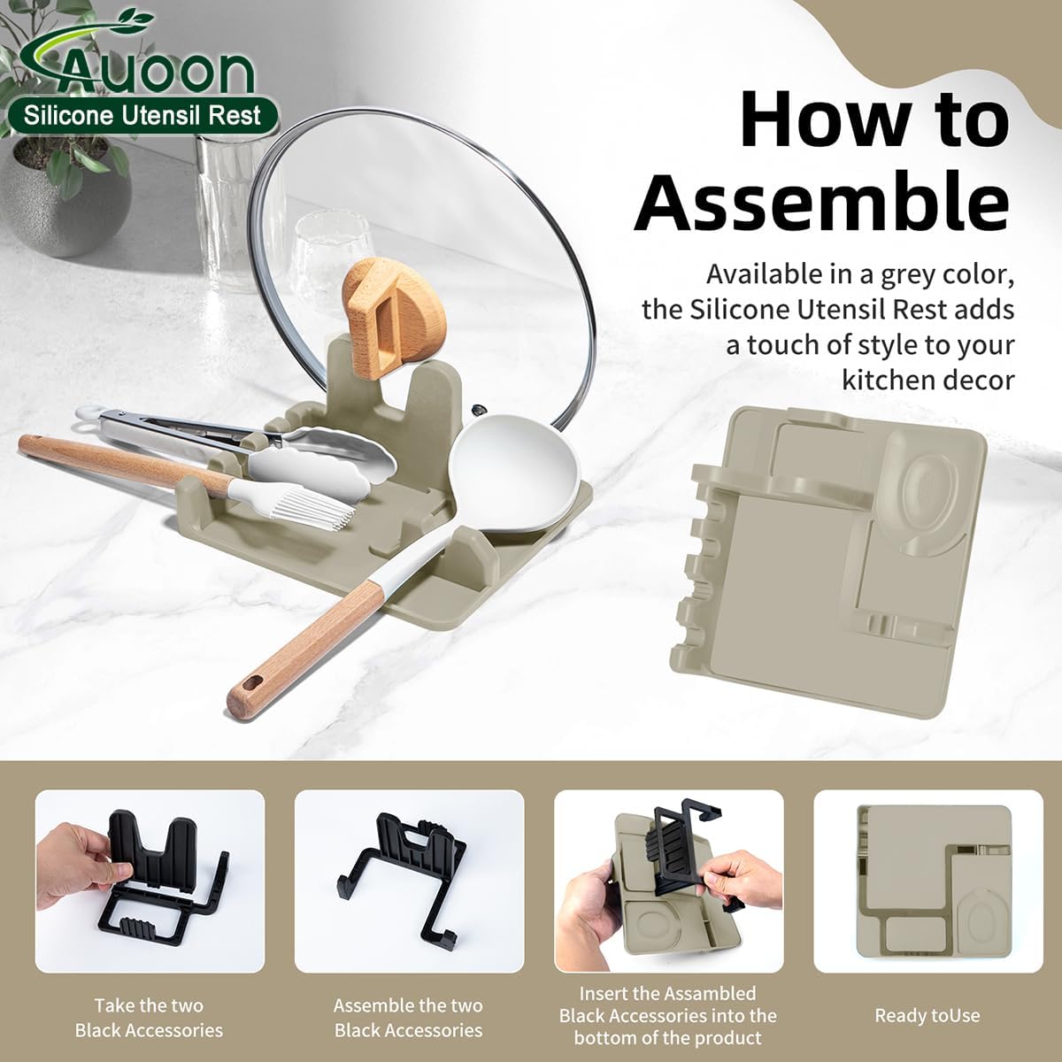 AUOON Spoon Holder for Stove - Silicone Spoon and Lid Rest with Drip Pad Kitchen Utensil Rest for Spoons, Ladles, Spatulas, Tongs & More (Milk Shake, Large)