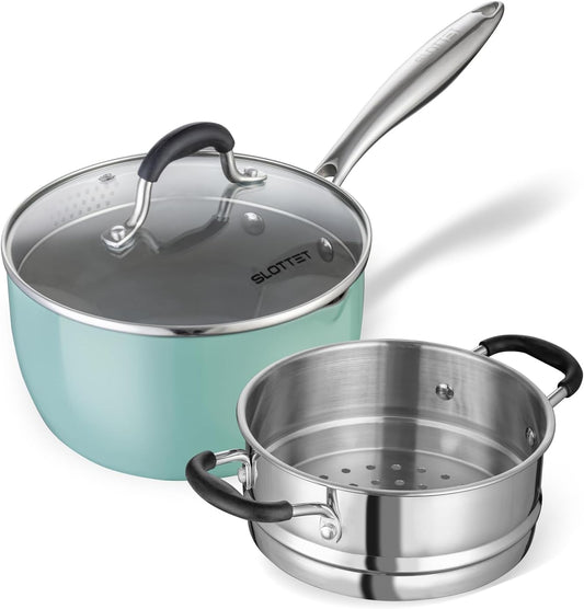 Ceramic Nonstick Tri-Ply Stainless Steel Sauce Pan with Steamer,2.5 Quart Small Multipurpose Pot with Pour Spout,Strainer Glass Lid, 2qt Saucepan for Cooking with Stay-cool Handle,Green