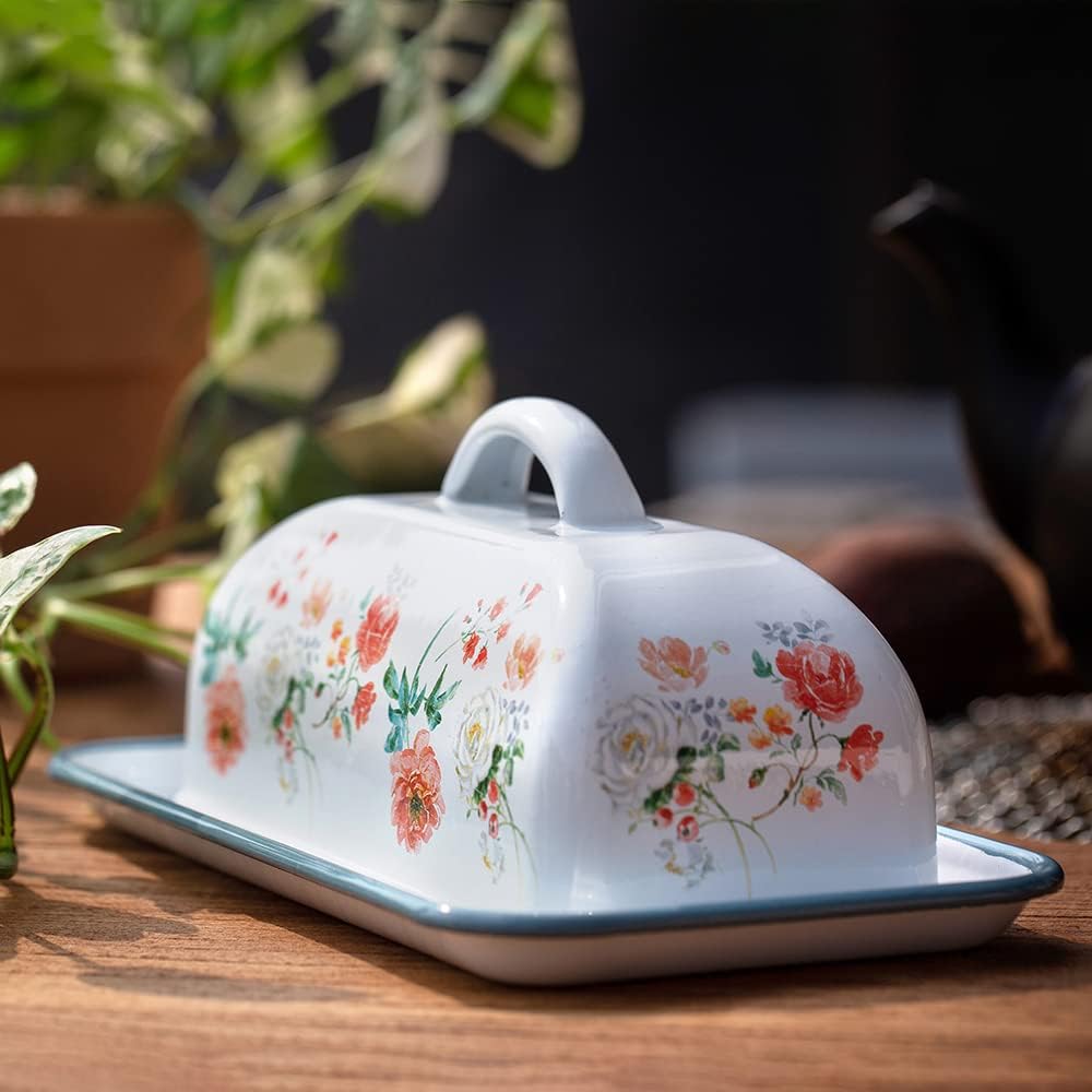 Enamel Butter Dish with Lid Vintage Enamelware Butter Holder with Flower Design Farmhouse Butter Container Butter Storage with Tray for Countertop Kitchen Decor