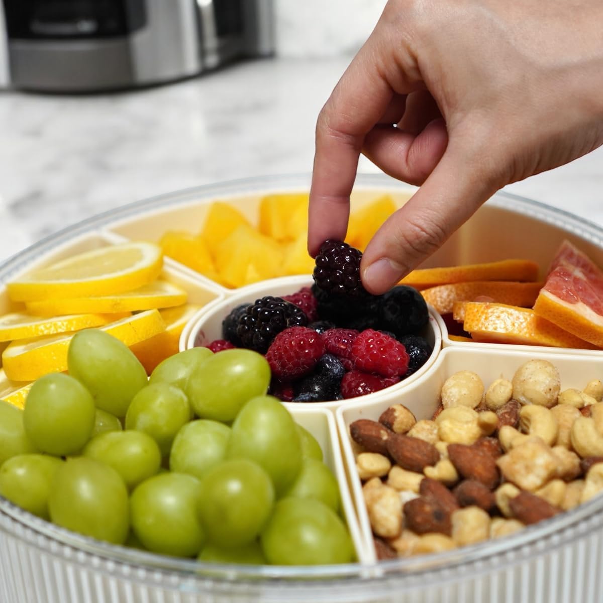 Snackle Box Container, Round Divided Serving Tray with lid 6parts for Veggie, Candy and Nuts Organizer for Travel, Party and Picnic (Cream/Silver)