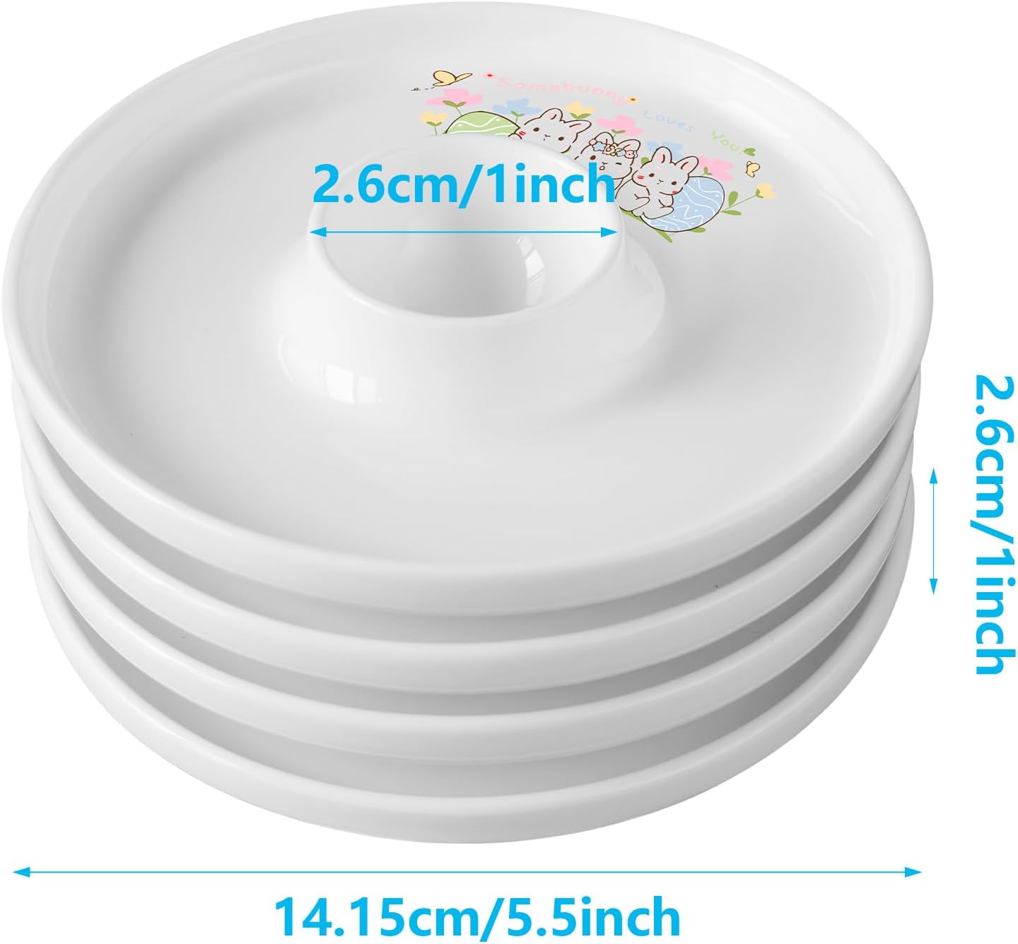 Cinf EggHolder & Spoon Set 4 Ceramic Egg Holders + 4 SS Spoons Breakfast Plate Easter Rabbit 5.5'' Food Container Egg Tray Dinner Serving for Hard Boiled Eggs, Easter & Deserts Kitchen